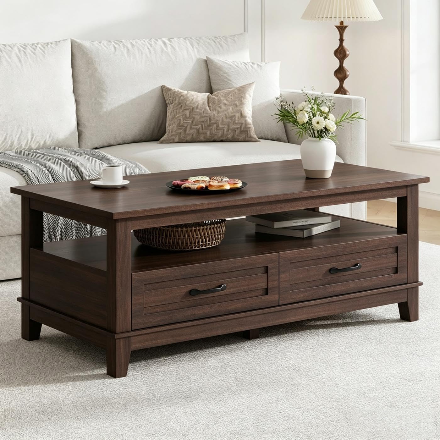 Coffee Tea Display - Farmhouse Coffee Table With Storage Drawers,